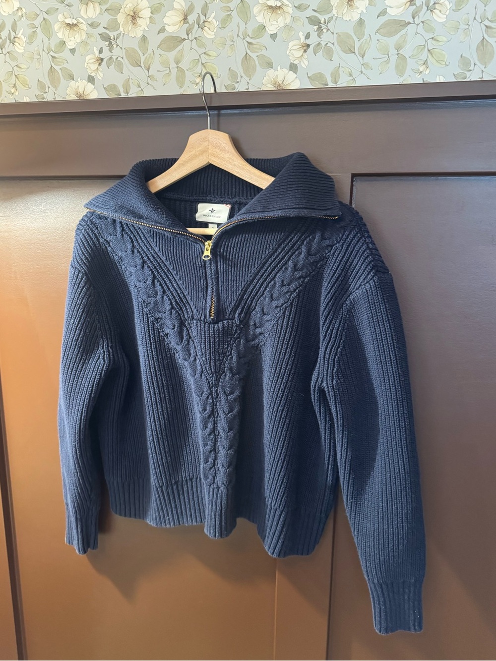 Tuckernuck Estella Navy Blue 1/4 Zip Cabled Cotton Chunky Knit Sweater